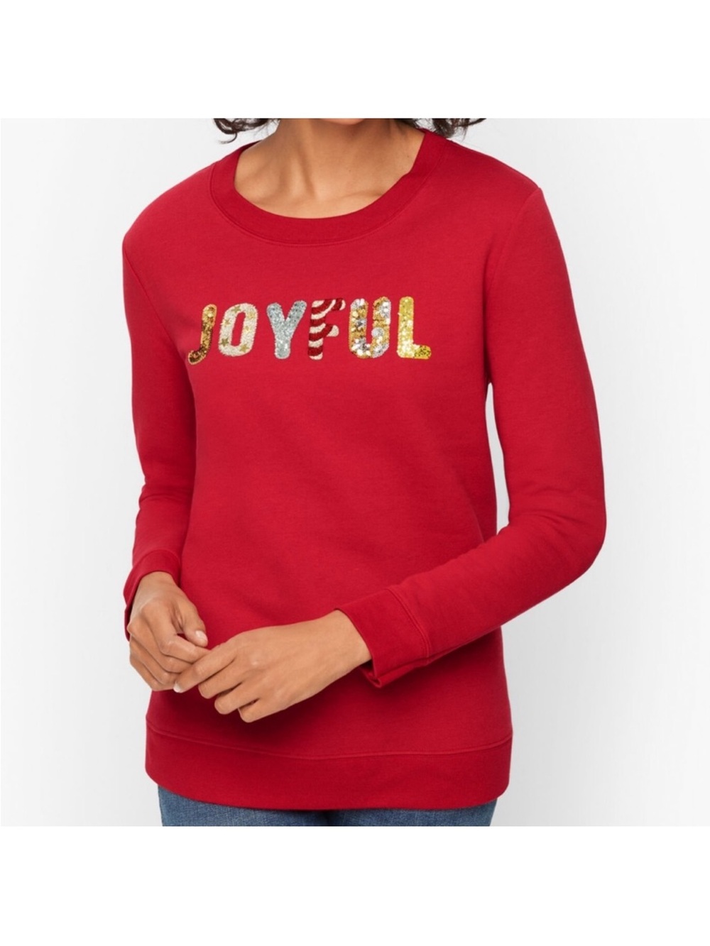 TALBOTS Joyful Christmas Sweatshirt Sequins Red Women’s Large Petite NWOT